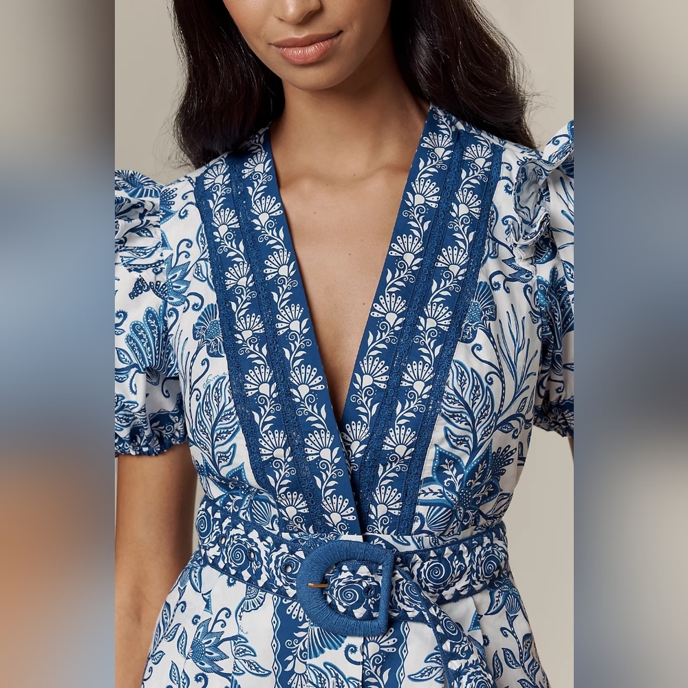 NEW FARM Rio blue & off-white shell garden 100% organic cotton Romper Size Small - Picture 7 of 13